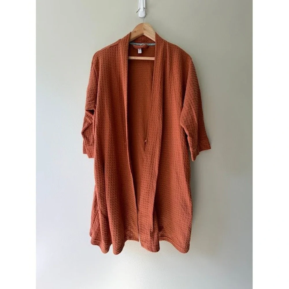 Waffle Knit Joy Women L Rust Orange Robe Open Front Textured Pockets Lounger - Picture 9 of 9
